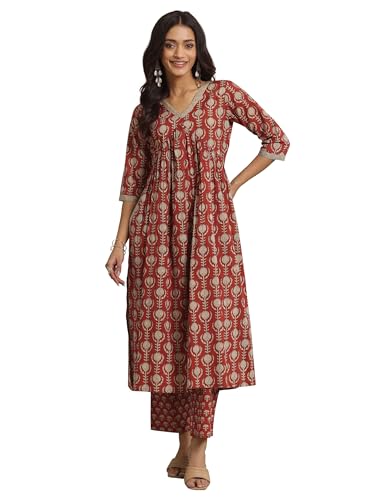 Libas Womens Printed Cotton A-Line Kurta With Trousers