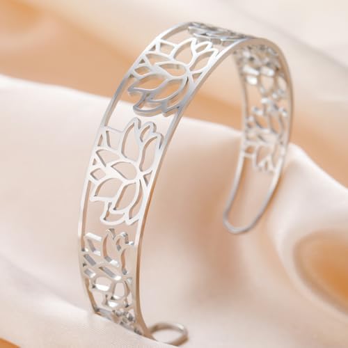 Dreamtimes Lotus Bracciale Aperto In Acciaio Inossidabile Con Fiore Di Loto Intagliato, Regolabile, Regalo Floreale Boho Per Donna