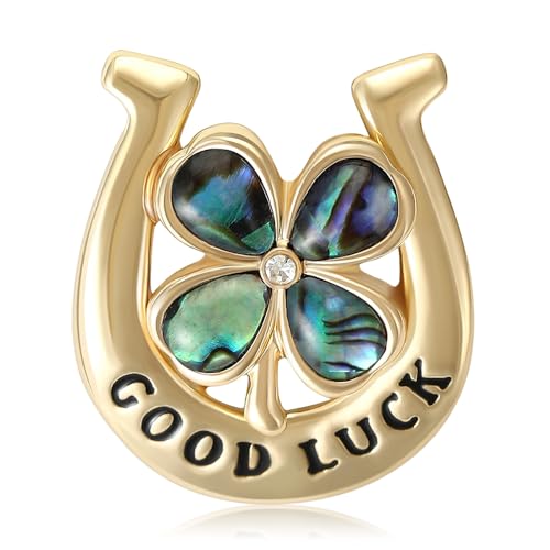 Abalone Shell Four Leaf Clover Brooch for Women Men Gold-Tone Vintage Horseshoe Good Luck Flower Shamrock Lapel Pins Decor Dress Suit Clothing Accessories St Patrick's Day Fashion Jewelry