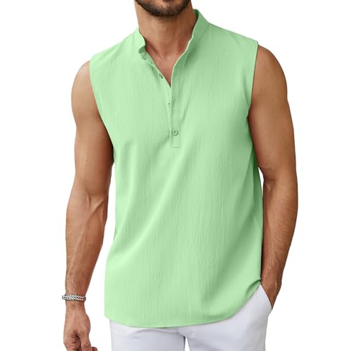 hawalili Sleeveless Beach Shirts for Men Summer Casual Tank Top Button Down Henley T-Shirts Green,L