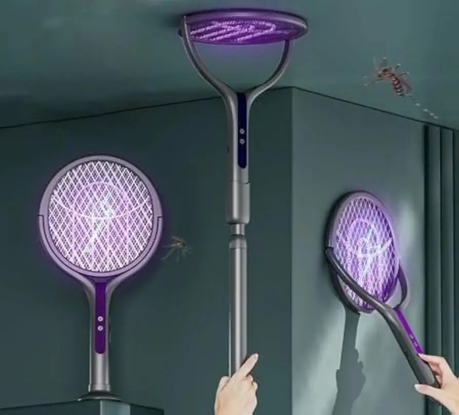 Raquete Elétrica Retrátil Recarregável 2 em 1, Alta Potência, com Luz, para Matar Mosquitos e Insetos, Uso Interno e Externo