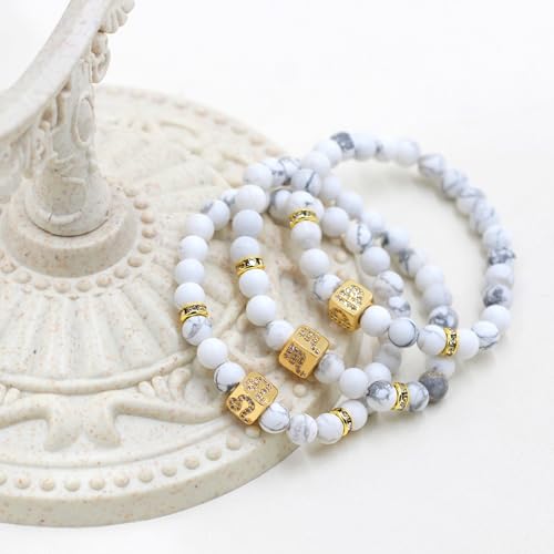 Image of Inlaid Zircon 12 Constellation Adjustable Stretch Bracelet - 6mm Frosted White Turquoise Beaded Bracelets for Women Men SJYA4647