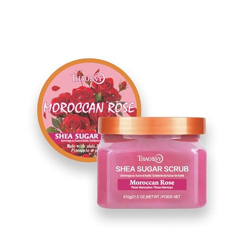 Image of Shea Sugar Body Scrub 610gr | Exfoliating & Moisturising Body Polish | Moroccan Rose & Blue Lagoon Dead Sea | For Soft, Glowing Skin (Moroccan Rose)