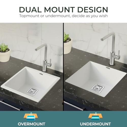 Image of ARQUIN Quartz Sink 18x16x9 Inch White | Single Bowl Sink | Durable & Scratch-Resistant | Undermount /Topmount Including Coupling, Waste Pipe & Fruit Washing Basket