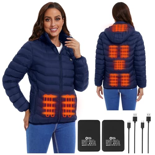 Women’s heated jacket with 2pack 10000mAh Battery Pack, QTREE Lightweight Heated Coat with 8 Areas Heating, Water/Wind Resistant and Detachable Hood Winter Heating Cloths for Outdoor(XL)