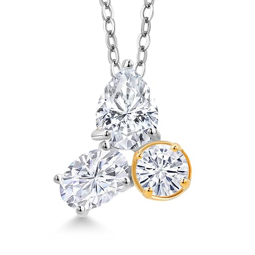 Gem Stone King 925 Silver and 10K Yellow Gold White Moissanite 3 Stone Pendant Necklace for Women | 2.55 Cttw | Gemstone Birthstone | Pear Shape 8X6MM | Oval 7X5MM | Round 5MM | with 18 Inch Chain
