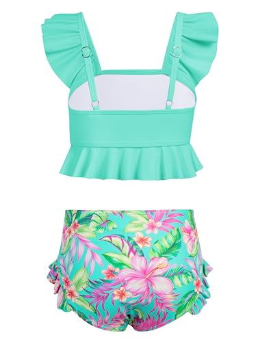 XiaoMoSha Girls Two Piece Swimsuits Ruffled Kids Bikini Sets Adjustable Straps Cute Bathing Suits for Tween Beach Swimwear Size 9 10 9-10 Green Flowers — view 2