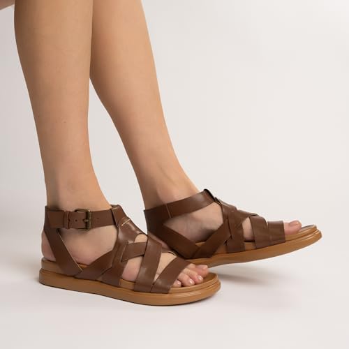 Journee Womens cushioned footbeds Mistee ankle strap sandal flat sole faux leather multi strap Cognac 6.5 Medium WOMENS US2