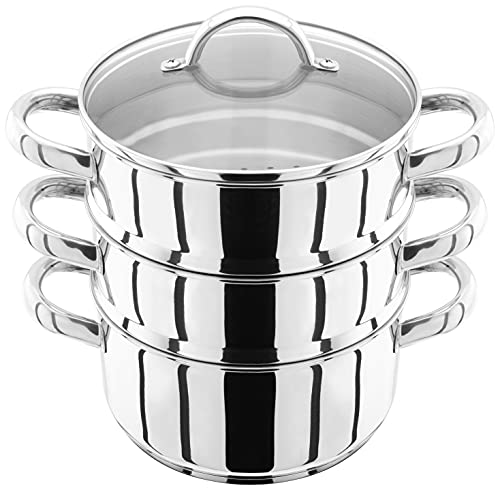 Judge Stainless Steel 3 Tier Steamer Set with 18cm 1L Casserole, 2 Steamers and Lid, Induction Ready, Gift Boxed - 25 Year Guarantee