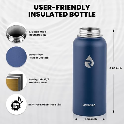 Image of RAYMYLO Insulated Water Bottle 32 oz, Triple Wall Vacuum Stainless Steel (Cold for 24Hrs, Hot for 12Hrs), Leak Proof & Non-BPA, Modern Water Flask Jug with Paracord Handle & Straw Spout Lids