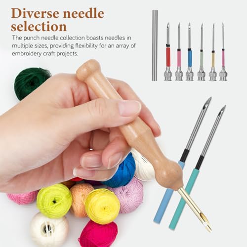 Image of VILLCASE Punch Needle Set for Embroidery with Wooden Handle Multiple Needle Sizes Craft Kit for Beginners and Adults Comfortable Grip Punch Tool for DIY Embroidery Projects