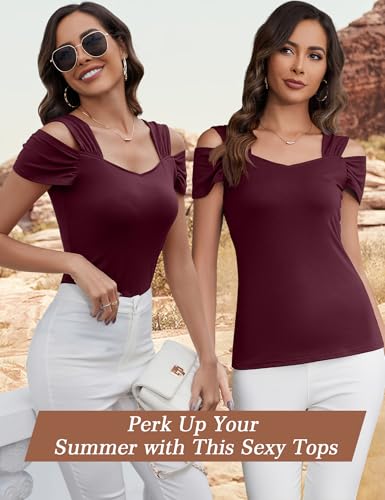 Image of Blingfit Cold Shoulder Tops Summer Tunic Shirts for Women T Shirts V Neck Short Sleeve Casual Tees Blouses 2026