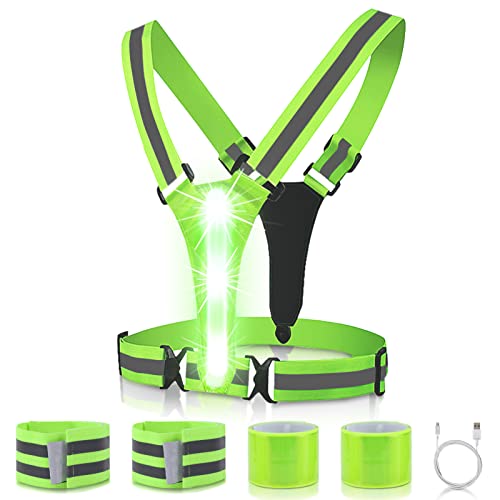 WOOPOWER LED Reflective Running Vest, USB Rechargeable LED Light Up Vest Night Running Gear High Visibility for Cycling Walking the Pet (Green)