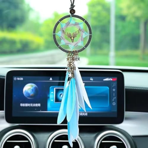 Small Handmade Boho Dream Catcher For Car Rearview Mirror - Yellow Feather & Bead Ornament Hanging Decor