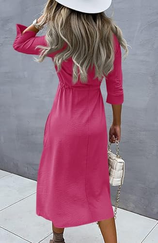 Image of Febriajuce Women's 3 /4 Sleeve Midi Dress Casual Drawstring Belted Round Neck Plain Tie Waist Loose High Waist Long Dress