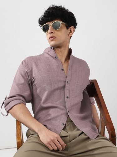 Image of Urbano Fashion Men's Linen Blend Full Sleeve Relaxed Fit Mandarin Collar Casual Solid Shirt
