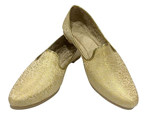 Shoe Bazar Punjabi Jutti for Men's Traditional Mojaris Shoes Cream Gold Wedding for Groom Indian Handmade Ethnic Jooti2