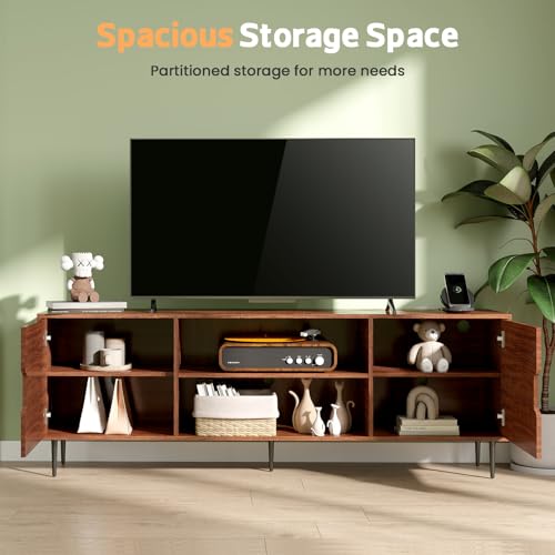 Lamtor Mid-Century Modern TV-Stand - Walnut TV Stand for 80 75 65inch Television, Entertainment Center with Power Outlet Storage, Media Console for Living Room, Bedroom
