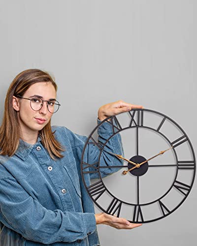 Skynature 16 Inch Wall Clock, Large Indoor Outdoor Metal Wall Clock Battery Operated, Silent Non-Ticking Industrial Roman Numeral Wall Clock For Living Room, Bedroom, Kitchen, Patio Decor - Black #TOP6