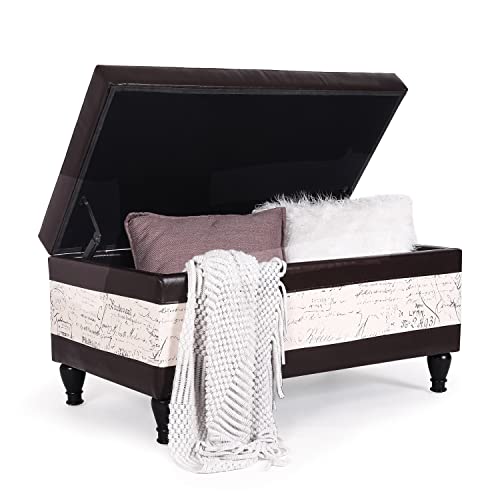 Adeco Fabric Sturdy Design Rectangular Tufted Lift Top Storage Ottoman Bench Footstool (Brown-White)