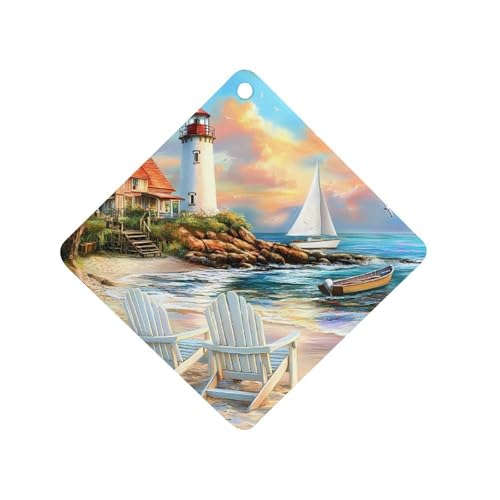 Coastal Lighthouse Seaside Scenery Car Air Freshener Hanging Aromatherapy Tablets for Car Accessories Rhombus