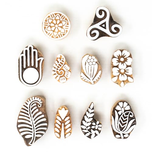 Image of Wooden Indian Traditional Design Printing Stamps /Blocks for Printing Saree Border /Dresses /Craft Card Making /Scrapbook /Clay Pottery (Set of 10)