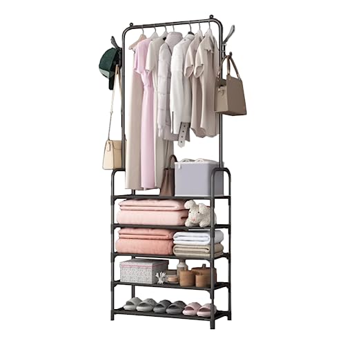 Perchero de Pasillo con Zapatero. Perchero para Recibidor - Entrada con Barra Superior, 2 Ganchos para colgar Ropa y Bolsos y 5 Baldas de Tela. Perchero para Habitación, Baño, Salón. Color Negro.