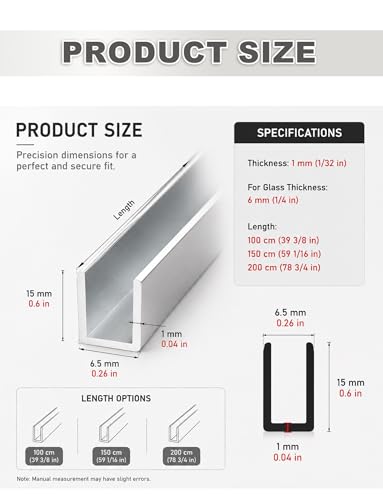 Canal en U para puerta de ducha de aluminio de 120 cm y vidrio de 6-12 mm 3
