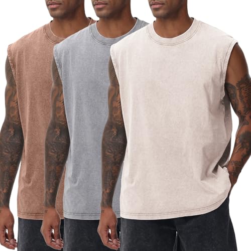 SnowElve 3 Pack Mens Workout Tank Tops Sleeveless Tee Shirts Men Muscle Shirt Gym Acid Wash T Shirts Running Beach Loose Fit Tee(ACGYCF,L)