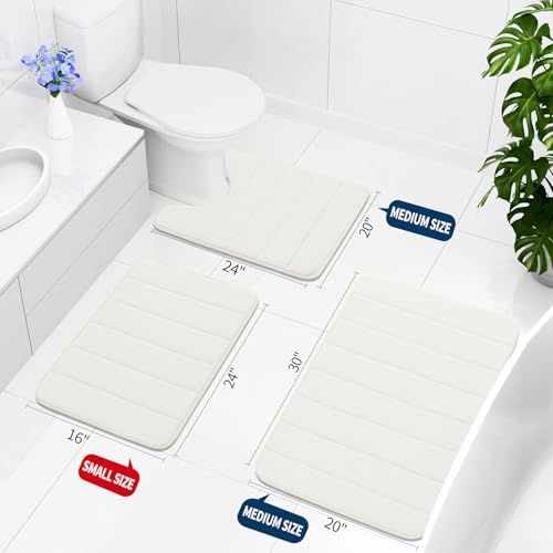 Image of Buganda Memory Foam 3 Pieces Bathroom Rugs Set - Thick Soft Absorbent Non-Slip Bath Mats, Washable Small /Large /Contour Bath Rugs, Ivory