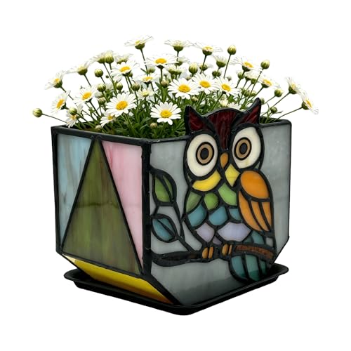 Entlityful Stained Glass Owl Planter, Indoor Plant Pot with Drainage Hole, Cute Plant Pots,Owl Gifts for Women