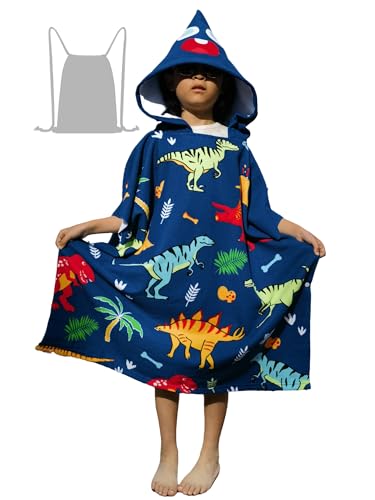 Athaelay Poncho de baño suave para niños de 3 a 10 años, con capucha, toalla de playa con bolsa de cordón (dinosaurios, se adapta a 3-10 años)