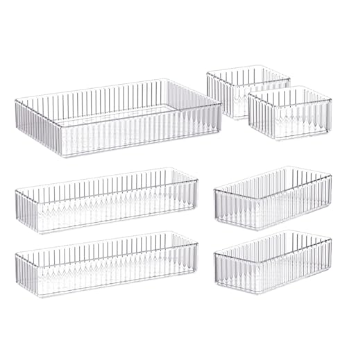 AUTUUCKEE 7pcs Clear Drawer Organizer, 4 Sizes Stackable Makeup Drawer Organizer Trays, Drawer Storage Containers for Makeup, Bedroom, Kitchen Gadgets Utensils and Office(Clear)