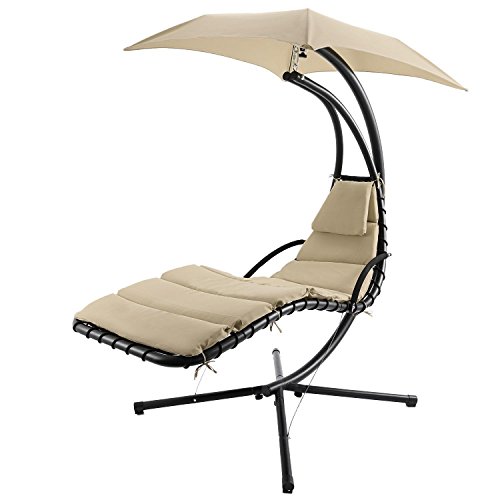Hindom Hanging Chaise Lounger Chair Arc Stand/Air Porch Patio Swing Hammock Chair with Canopy for Yard Garden Camping Outdoor Leisure, Beige (US Stock)