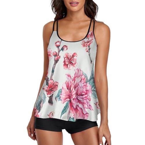 Tankini fleurs roses femme galbant avec short de garçon et robe de plage anti-UV