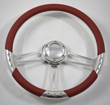 14 Billet Steering Wheel Burgundy Half Wrap w/Horn button | 6 Bolt, CNC 6061 T6 Aluminum, 2 Dish, High-Mirror Polished, Vinyl Grip, Trinity VI, Compatible with Chevy, Hot Rod