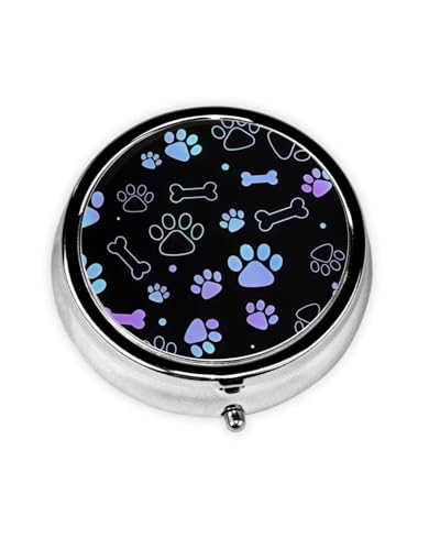 LOZUQII Pill Box 3 Compartment Pocket Small Pill Organizer Mini Metal Pill Holder Travel Portable for Man Old People and Kids - Gradient Black Dog Paw Print