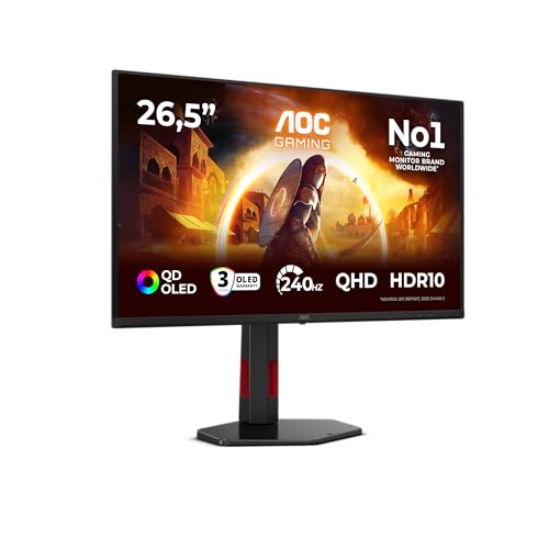 AOC Monitor Q27G4ZDR 26.5 pollici, 2560x1440, WQHD, 240Hz, QD-OLED Panel, 0.03ms GtG, USB Hub Height Adjustment, (HDMI2x 2.1 DP 1x 1.4) Adaptive Sync, HDR10, G-Sync Compatible, Nero