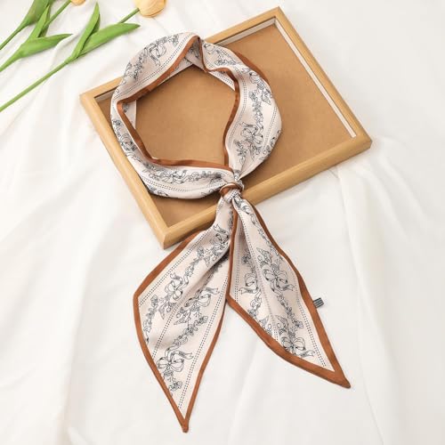 1PC Floral Print Hair Scarf, Purse Bag Scarfs For Handbags, Silky Long Thin Satin Headscarf for Women, Fashionable Hair Accessory for Casual Wear, Stylish Headwrap for Daily Use(Brown&White)4