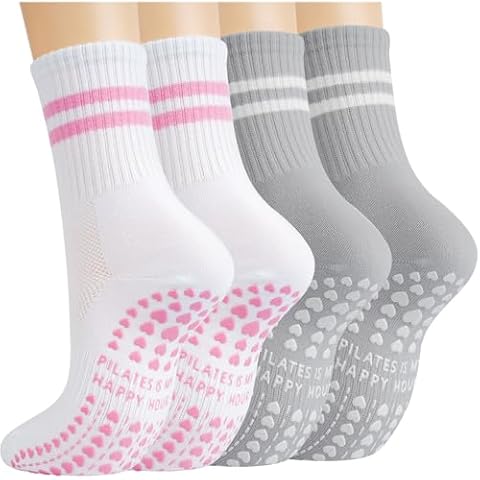 floconssy Pilates Socks with Grips for Women, Yoga Non Slip Grippy Crew Socks for Valentine's Day Hearts Hospital Barre Gym Sticky Slipper Socks 4 Pairs Pink White Grey Cover