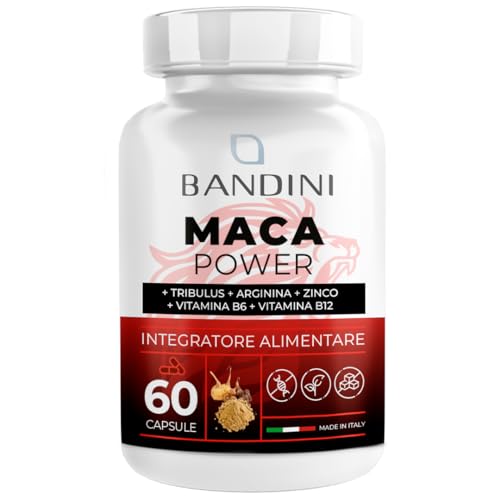 Bandini® Maca Power 60 Capsule Vegane - Maca + Tribulus + Arginina + Zinco + B6 + B12 - Contrasta Stanchezza Fisica E Mentale - Pre Workout, Mass Gain