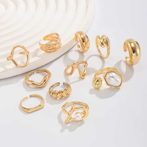 LKingel Gold Rings for Women Gold Chunky Rings Open Adjustable Gold Pearl Rings Knuckles Stacking Rings Set Boho Prom Costume Fashion Jewelry for Women 2026 Style2