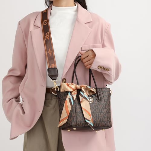 Image of Diva Dale Monogram Print Handbag, Brown Leather Shoulder Bag with Decorative Scarf, Double Handle Tote with Gold Hardware and Detachable Strap