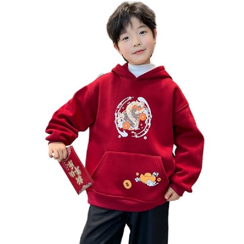Chinese New Year boys autumn and winter fleece sweater red auspicious hooded sweatshirt top