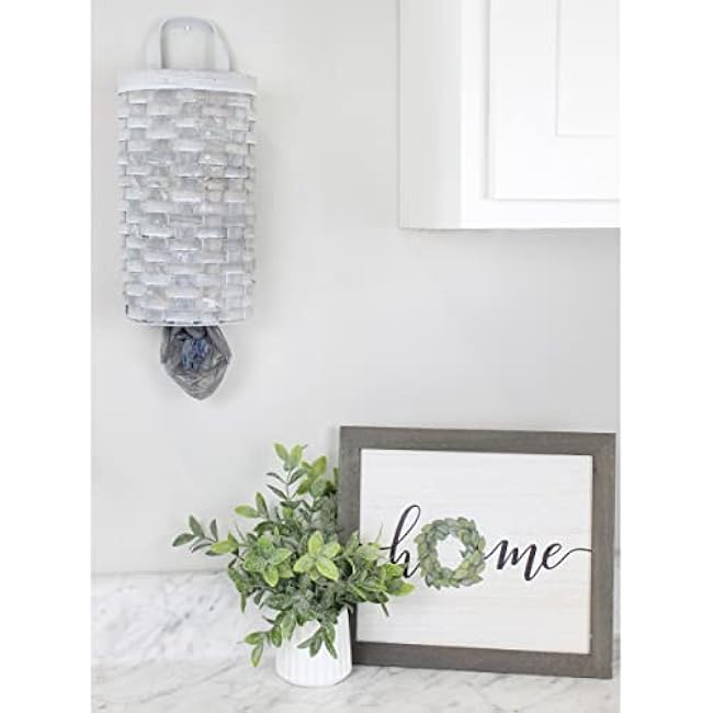 AuldHome Design Wicker Grocery Bag Holder (Gray); Wall-Mounted Rustic Farmhouse Plastic Bag Dispenser for Kitchen or Laundry Room