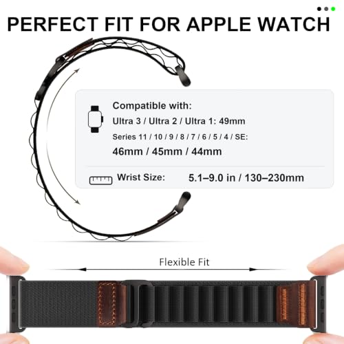 Image of MRAIN-H Leather Design Compatible with Apple Watch Bands Ultra 3 2 1 (49mm) & Series 11 10 9 8 7 6 5 4 SE 3 2 1 (46mm 45mm 44mm), Soft Stretchy Nylon Sport Band for iWatch Men Women