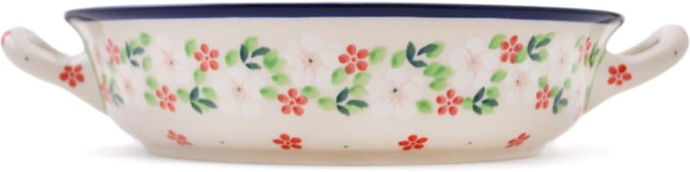Polmedia Polish Pottery Round Baker with Handles - Rosy Cheeks Pattern Handmade in Boleslawiec Poland by Ceramika Artystyczna + Certificate of Authenticity