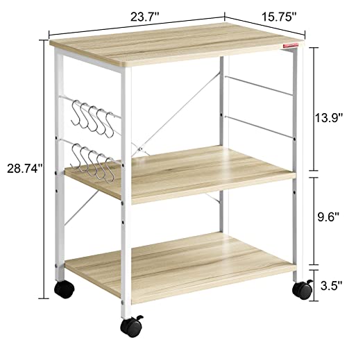 Mr Ironstone Baker's Rack, Kitchen Microwave Cart, Coffee Bar Table Station, 3-Tier Kitchen Utility Storage Shelf With Rolling Wheels Coffee Cart Kitchen Microwave Stand With 10 Hooks, Light Beige #TOP5