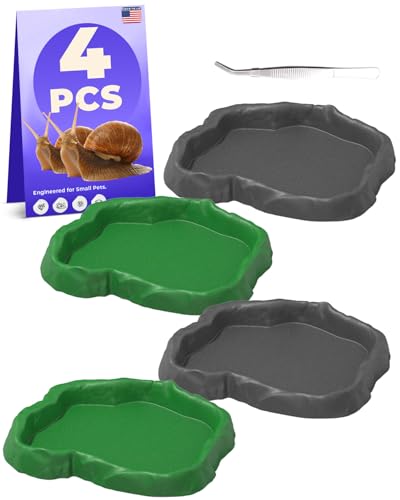 UESAN 4Pcs Snail Food and Water Bowl, Reptile Water Dish and Food Bowl, Natural Design Terrarium Feeding Dish for Garden Snails, Hermit Crab, Lizard, Frog, Gecko (Black, Green)