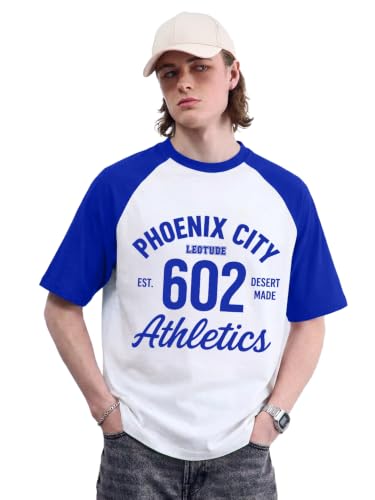 Image of LEOTUDE Oversized Phoenix City 602 Graphic Baseball Tee for Men | Half Sleeve Round Neck Drop Shoulder | Made Athletic Raglan T-Shirt Casual Streetwear Red White Sports T-Shirt for Men's (Color:Blue)